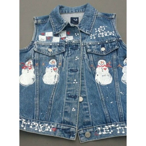 Girls Jean Vest Size M Holiday Winter Handpainted Snowman - Picture 2 of 12